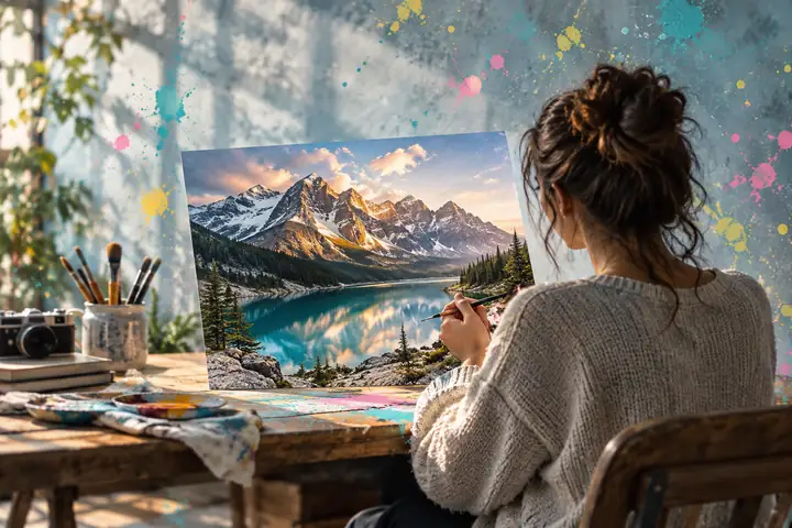 Soft blue-gray atmospheric backdrop scattered with playful teal, pink, and yellow paint flecks.