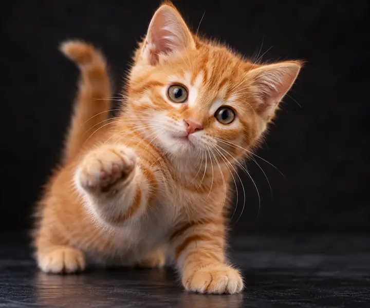 Playful studio portrait of an orange kitten on a dark background, closely framed.