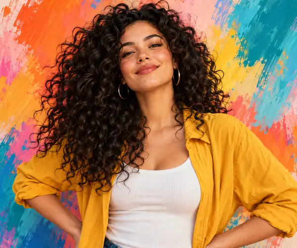 Original editorial illustration of a confident woman with abundant dark curls against a lively splash of color, framed from the waist up.