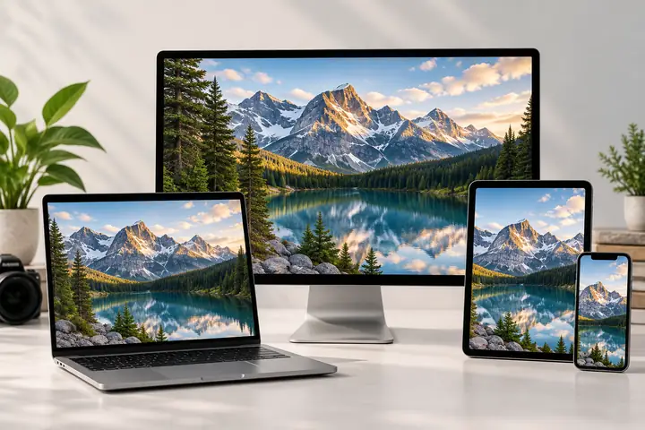Clean product illustration of a desktop monitor, laptop, tablet, and phone arranged together on a pale background.